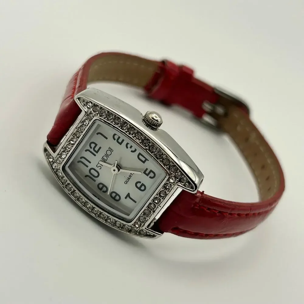 Studio Time Mother Pearl Crystals Red Band Women’s Watch Working New Battery